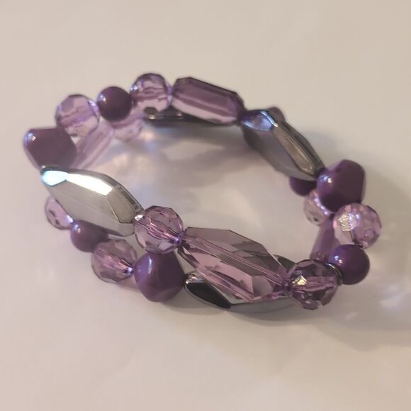 664 Double Row Chunky‎ Purple Translucent Beaded Stretch Bracelet - Picture 4 of 4